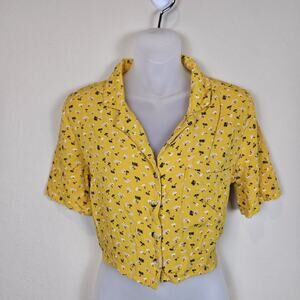 Jennyfer Floral Crop Blouse Cottagecore Western Prairie Mustard Button Womens S